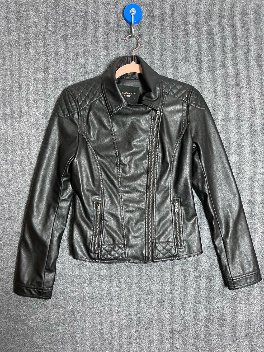 Celebrity Pink Womens S Black Faux Leather Moto Jacket Quilted Biker Zip Punk